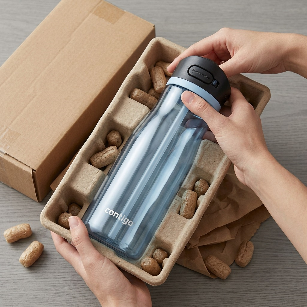 A premium unboxing scene shows the Contigo Ashland 2.0 Water Bottle safely nested in recycled protective shipping materials, conveying transport confidence.