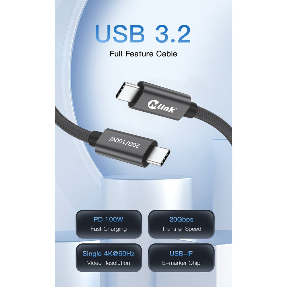 Câble tressé USB-C 3.2 PD100W 48V/5A 20Gops mâle à mâle de haute qualité