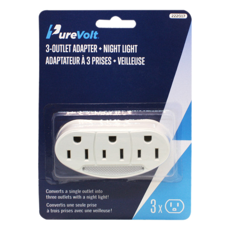 Adaptateur mural à 3 prises avec veilleuse - 125 V - 15 A - Blanc