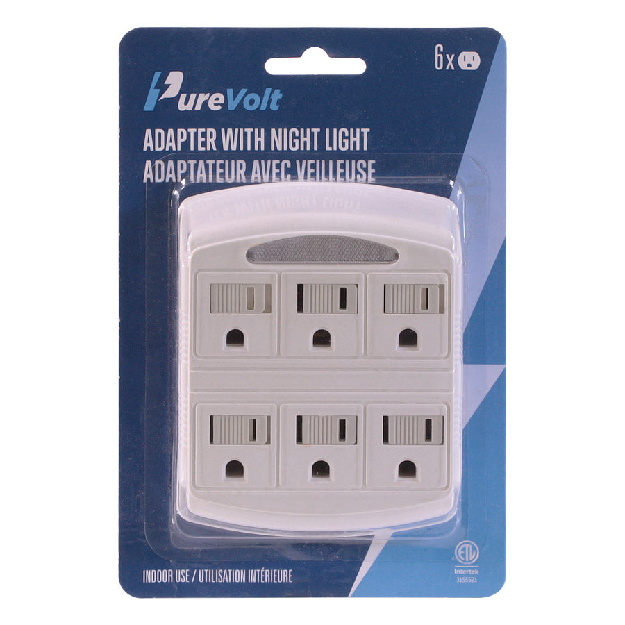 Adaptateur mural à 6 prises avec veilleuse - 125 V - 15 A - Blanc