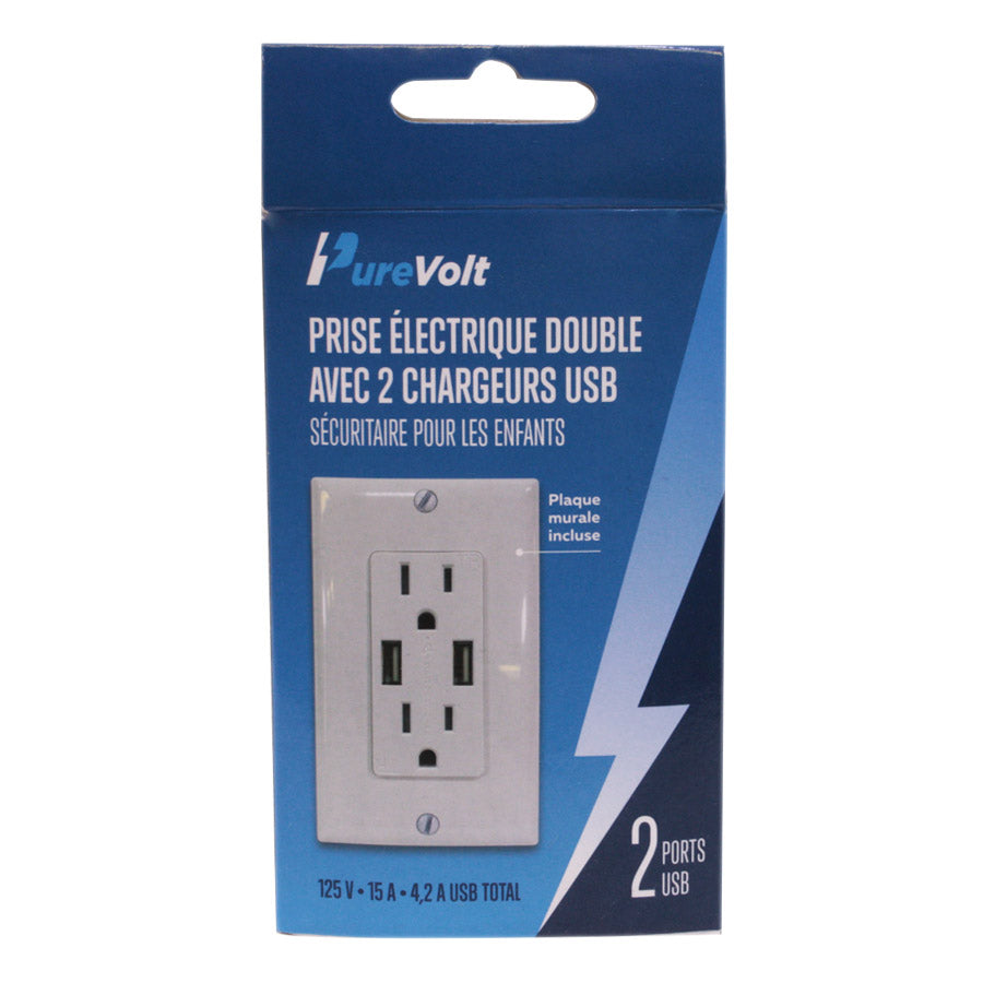 Prise Décora double inviolable avec 2 ports USB - 125 V - 15 A - Blanc