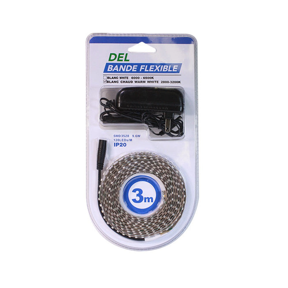 Bande DEL flexible avec interrupteur - 12 V - 120 DEL/m - IP20 - 2800-3200K - 3 m