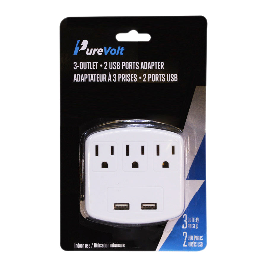 Adaptateur mural à 3 prises et 2 ports USB 2.4 A - Blanc