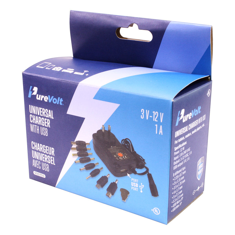 Chargeur universel avec port USB et 8 adaptateurs - 3-12 V CC - 1 A - 12 W