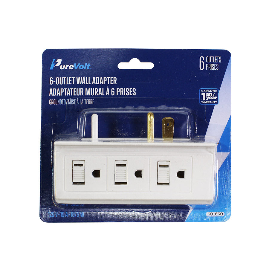 Adaptateur mural enfichable à 6 prises - 15 A - Blanc