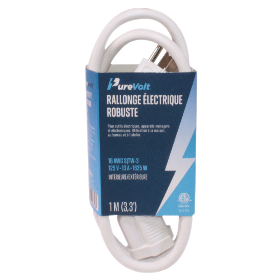 Rallonge électrique robuste - 3C/16 AWG - Intérieur/Extérieur - 125 V - 13 A - Blanc - 1 m