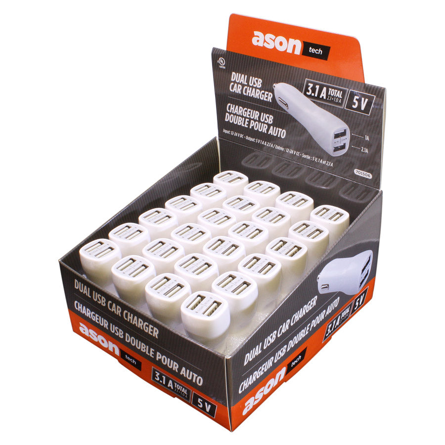 Chargeur USB 2.1 pour véhicule avec 2 ports USB 1.5 A et 2.5 A - Blanc