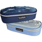 Jeans pencil case with zipper in blue denim design, featuring stylish rips and ample storage for school supplies.