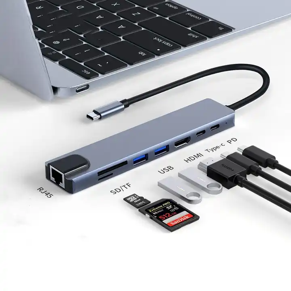 Concentrateur USB-C 3.0 8 en 1 en aluminium