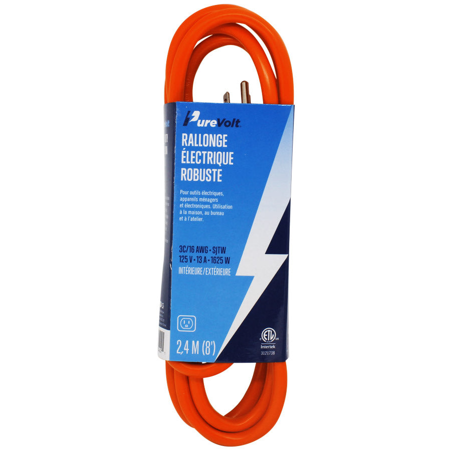 Rallonge électrique robuste - 3C/16 AWG - Intérieur/Extérieur - 125 V - 13 A - Orange - 2.4 m