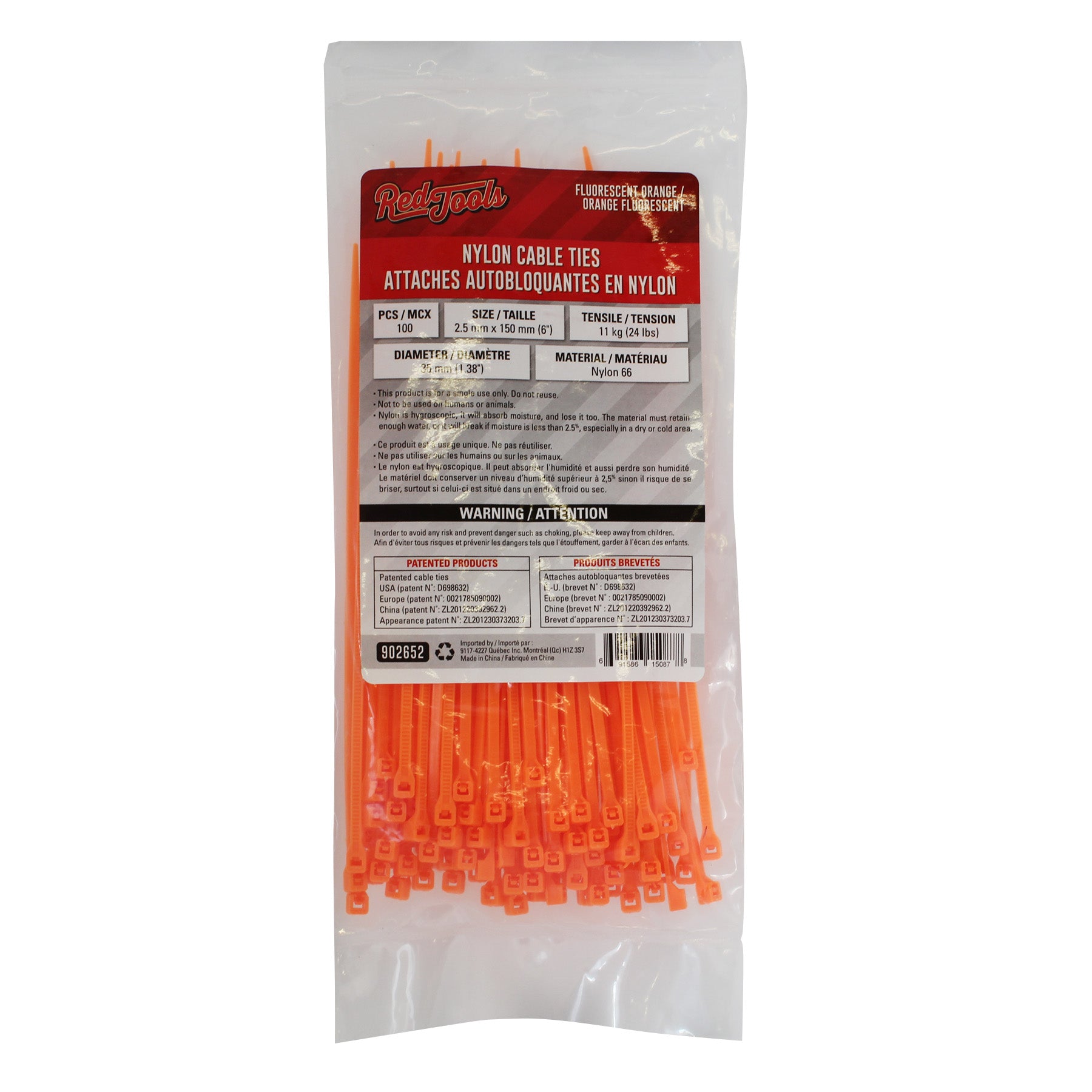 Attache autobloquante en nylon 6″ - Orange fluorescent - Paquet de 100