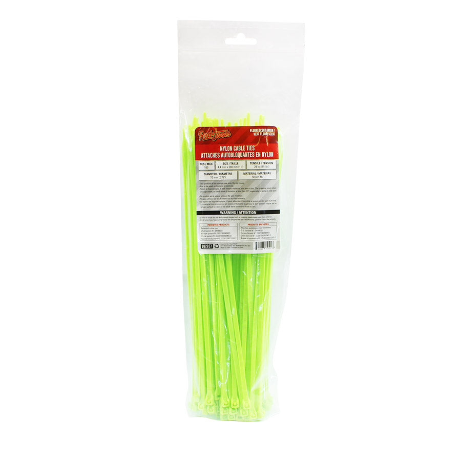 Attache autobloquante en nylon 11″ - Vert fluorescent - Paquet de 100