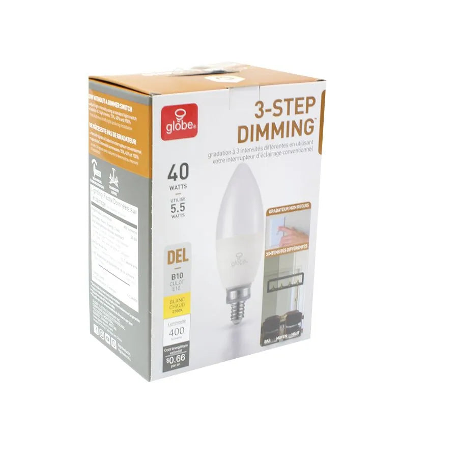 Ampoule DEL B10 à 3 intensités - 120V - 5.5 W - E12- 2700 K