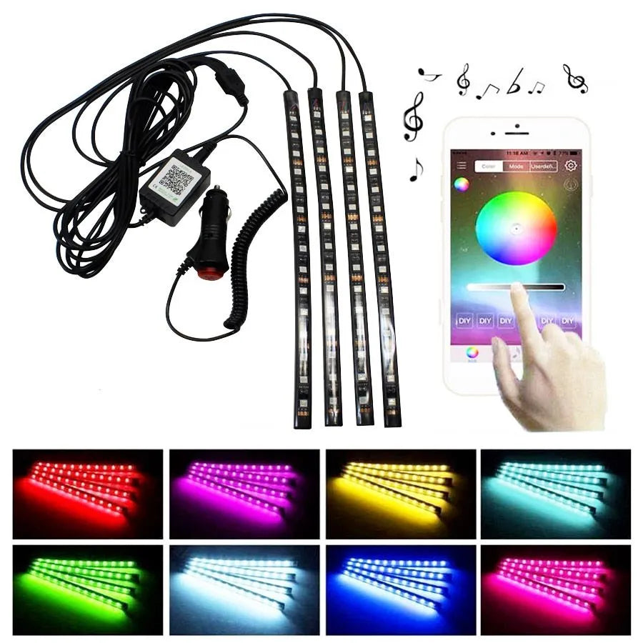 Set of 4 Smart LED Strip Lights for Car that Sync to Music - Bluetooth - 12V - RGB