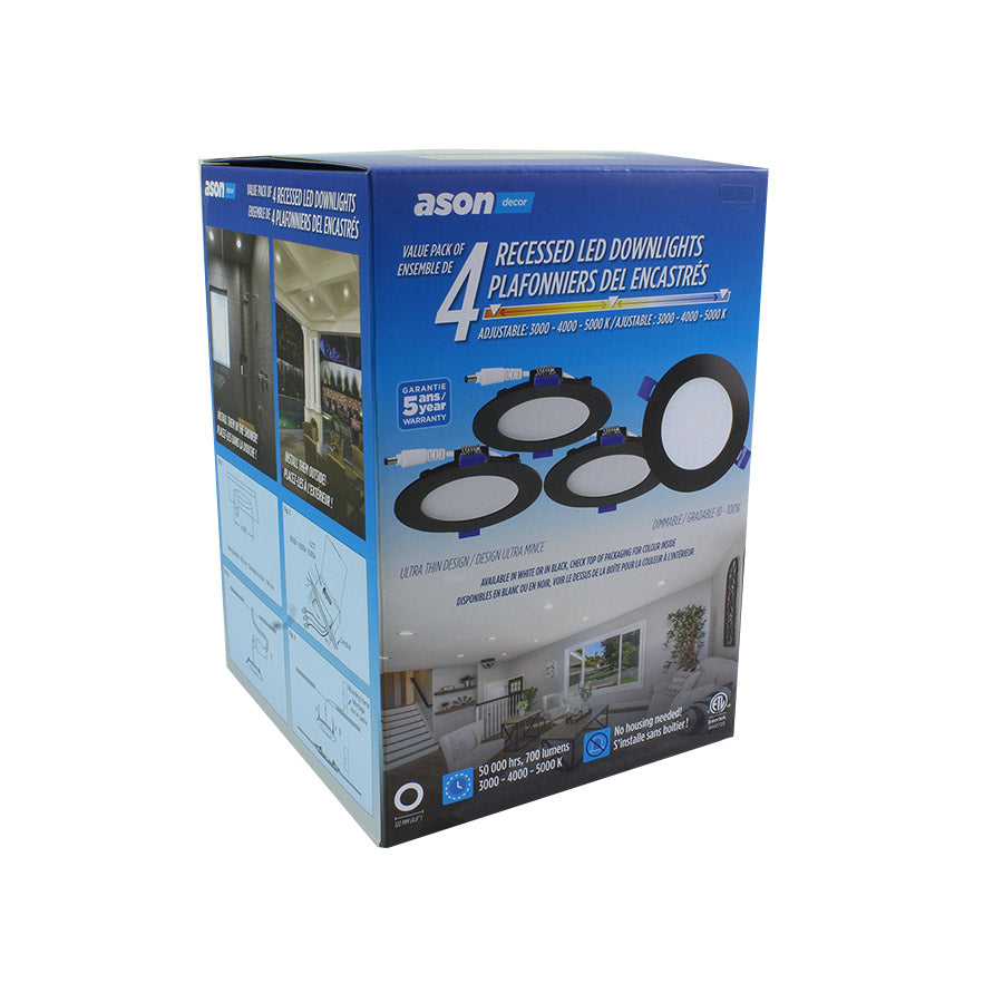 Ensemble de 4 lumières encastrées DEL ultra minces - 4″ - 10 W - TCC - Noir