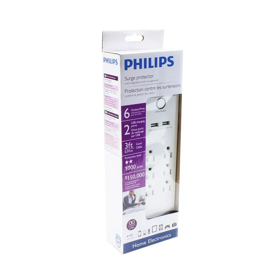 Barre de surtension à 6 prises et 2 ports USB - 1000 Joules - 15 A - Blanc - 90 cm