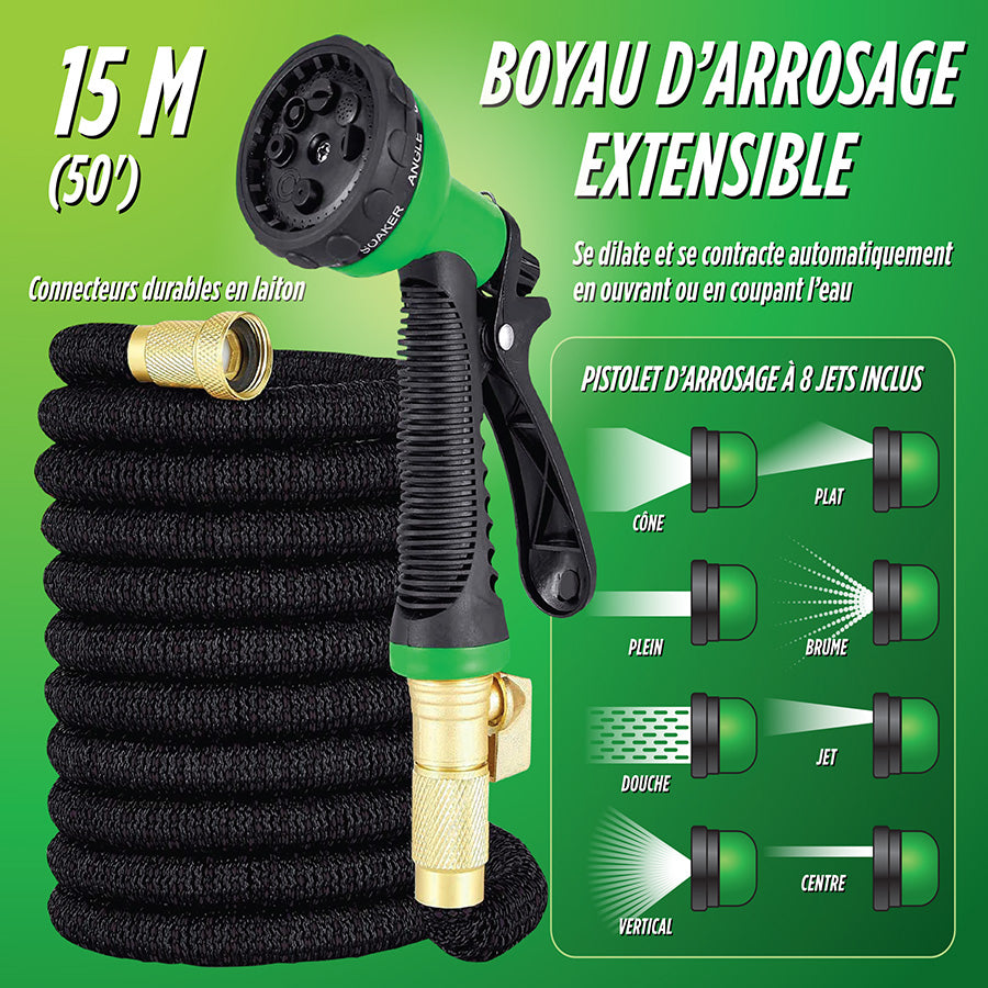 Boyau d′arrosage extensible avec pistolet d′arrosage à 8 jets - 15 m