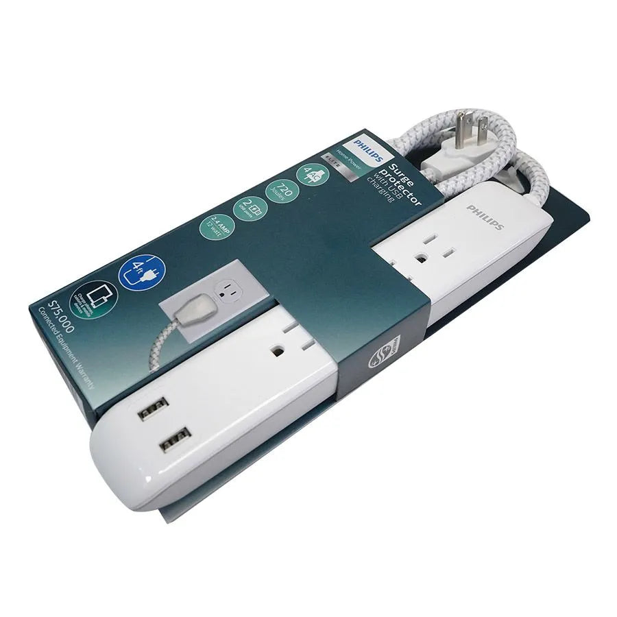 Barre de surtension à 4 prises et 2 ports USB - 720 joules - 15 A - Blanc - 1.2 m