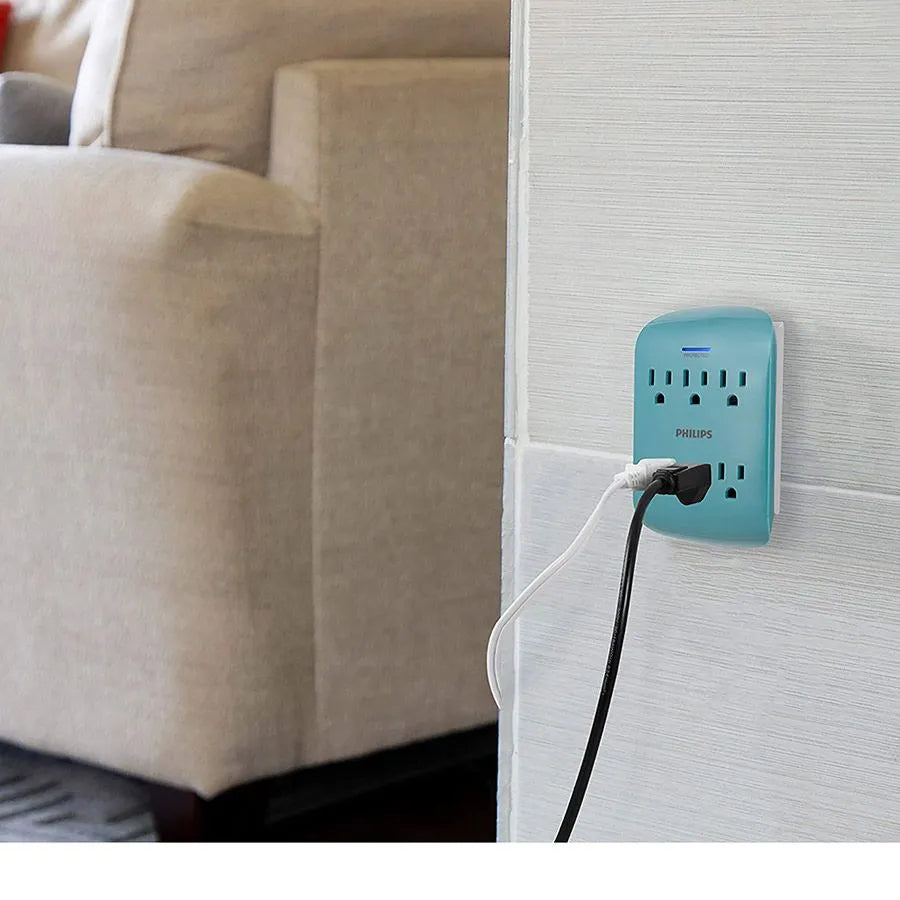 Adaptateur mural à 6 prises avec protection contre les surtensions - 900 joules - 15 A - Bleu