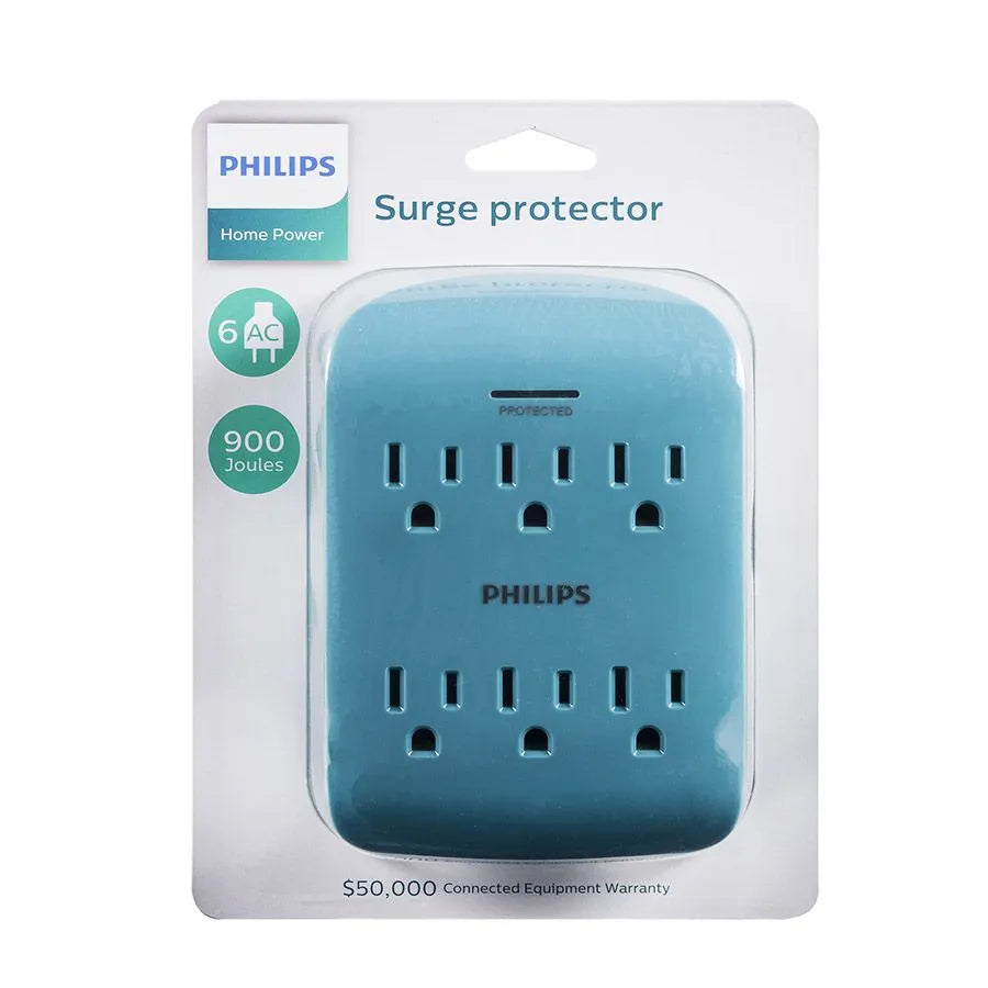 Adaptateur mural à 6 prises avec protection contre les surtensions - 900 joules - 15 A - Bleu
