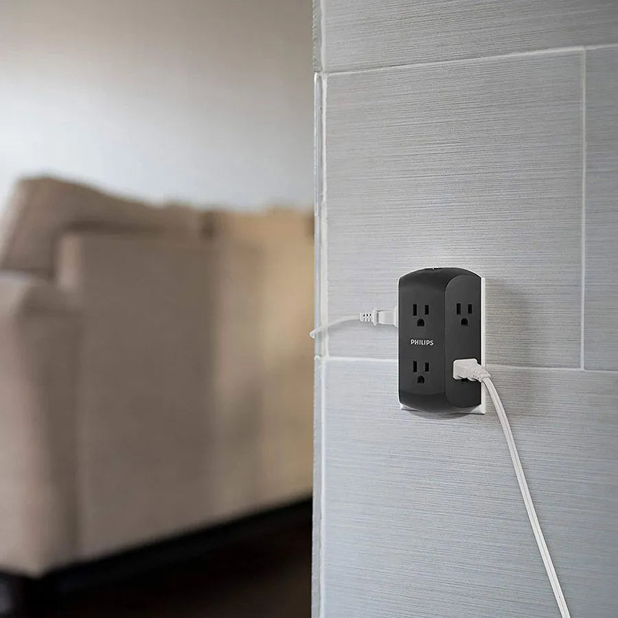 Adaptateur mural à 6 prises avec disjoncteur - 15 A - Noir