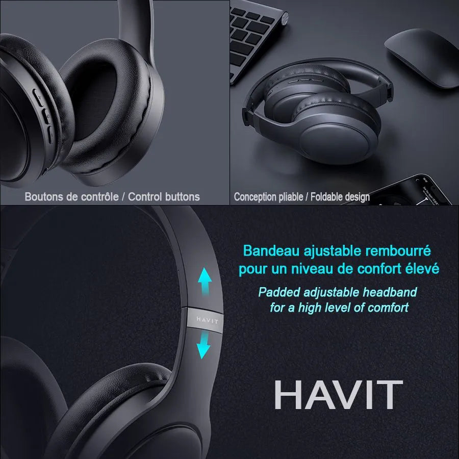Casque d′écoute supra-aural sans fil avec microphone intégré - Bluetooth - Noir