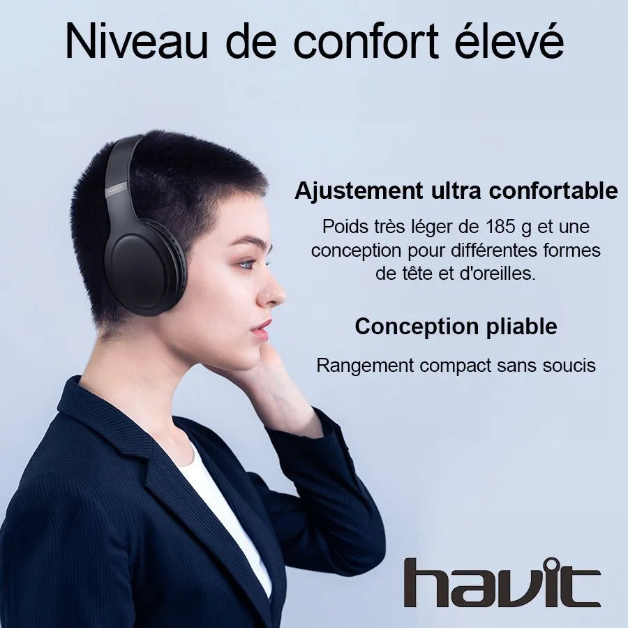 Casque d′écoute supra-aural sans fil avec microphone intégré - Bluetooth - Noir