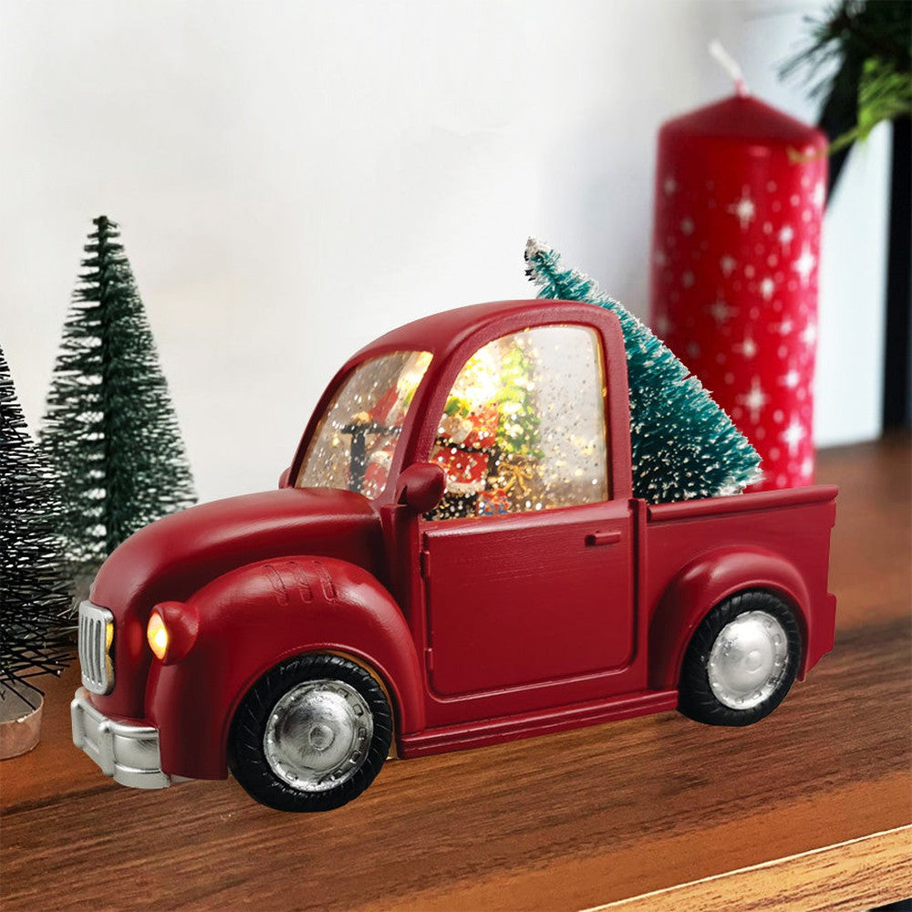 Camionnette vintage illuminée DEL avec Père Noël dans un tourbillon de neige
