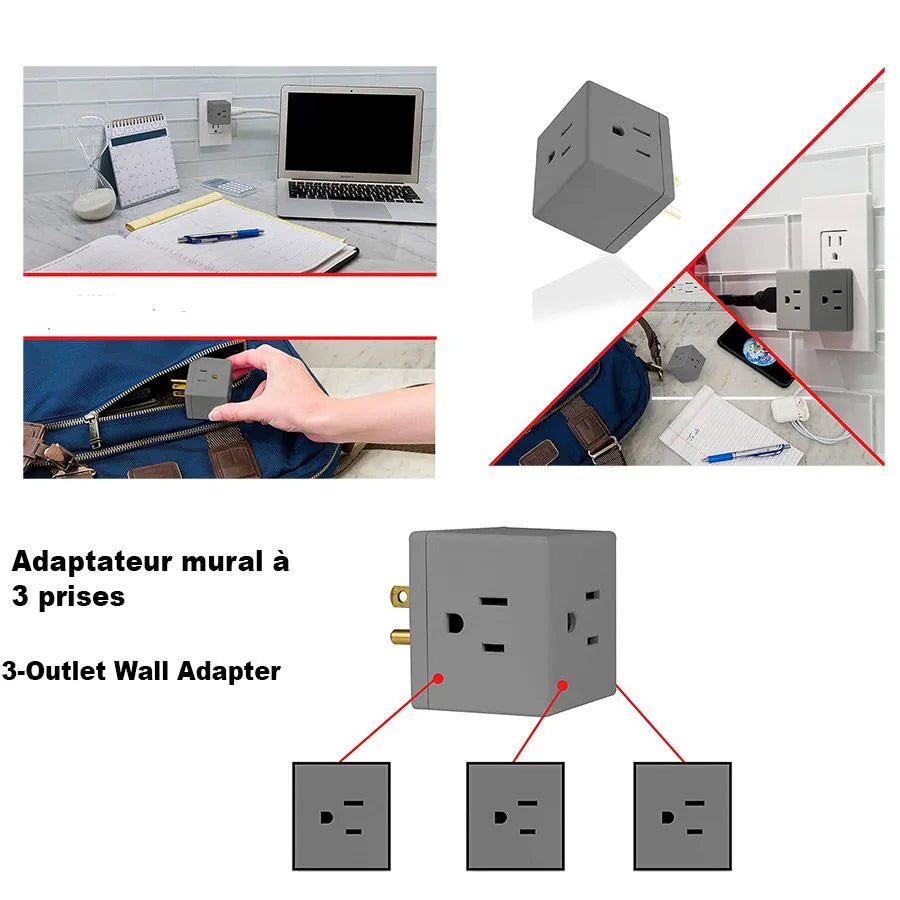 Adaptateur mural à 3 prises - Gris