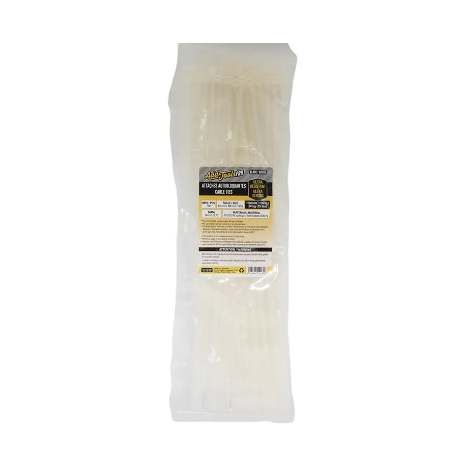 Attaches autobloquantes ultra résistantes 14.5 po - Blanc - Paquet 100