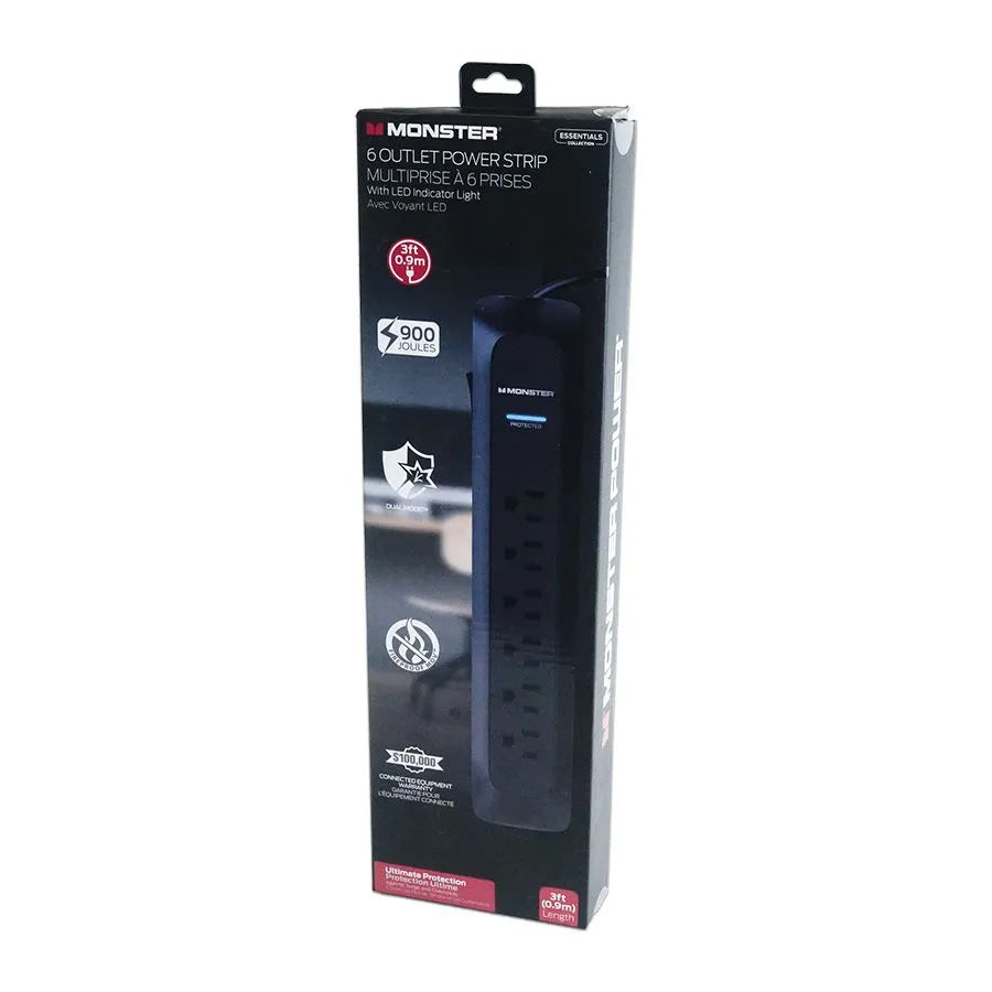 Barre d'alimentation à 6 prises - 900 joules - 15A - Noir - 90 cm