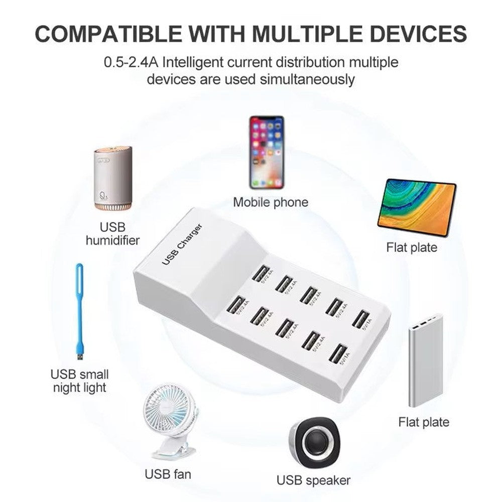 Chargeur USB intelligent 50W 10 prises 5V 2.4A/1A