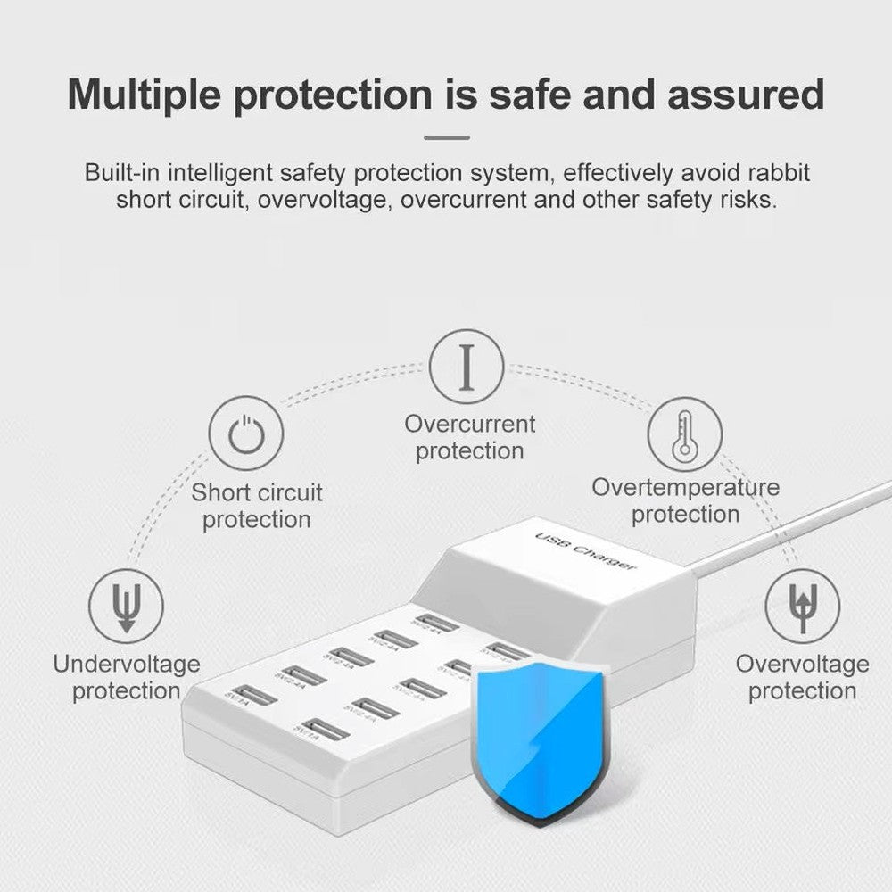 Chargeur mural USB 10 prises 5V/2.4A 50W