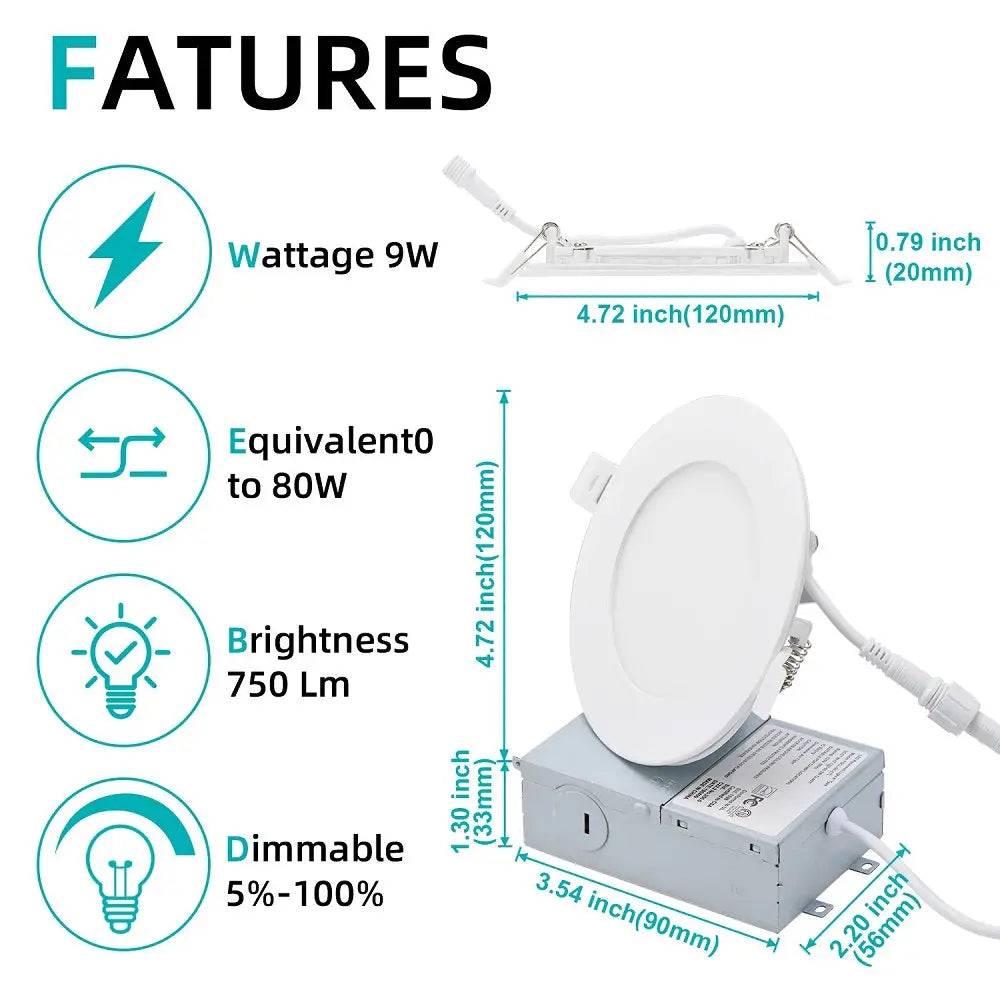 Luminaire encastré LED mince blanc 4'' 9W avec sélecteur de température