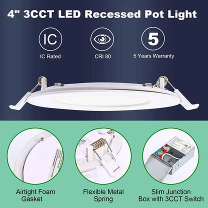 Luminaire encastré LED mince blanc 4'' 9W avec sélecteur de température